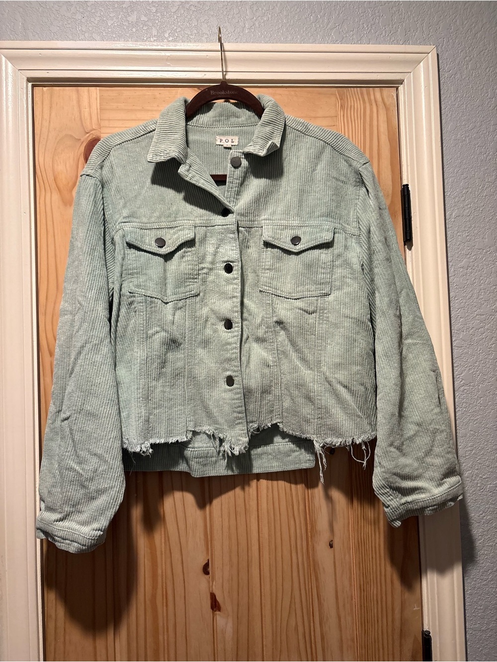 POL Corduroy Trucker Jacket‎ Small Sage Green Raw Hem Cropped Button Up Cotton